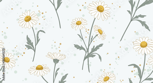 Elegant seamless floral pattern of hand-drawn white and gold daisy flowers with green stems on a light blue background with gold flecks.