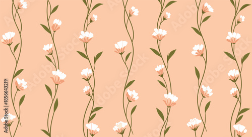 Simple and elegant seamless pattern of delicate vertical flower vines with pinkish-white blossoms on a soft, warm peach-colored background.