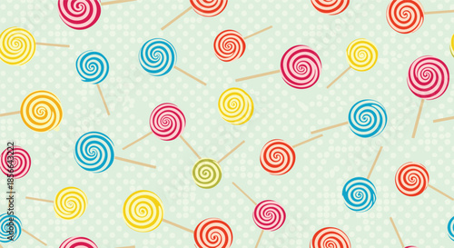 Fun and colorful seamless pattern of various swirly lollipops in different colors on a light green background with white polka dots.