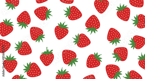 Seamless repeating pattern of vibrant red strawberries with green leaves scattered across a simple, clean white background for a fresh look.