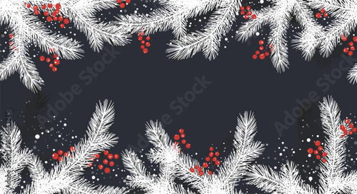 Elegant Christmas holiday background featuring frosted white fir tree branches with vibrant red berries and falling snow on a dark backdrop.