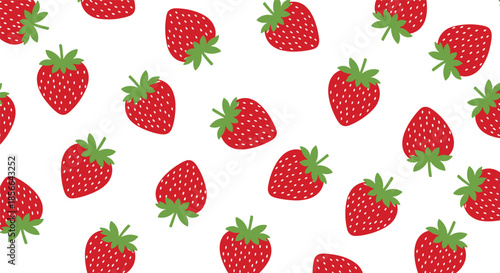 Simple and fresh seamless pattern of bright red strawberries with green tops scattered randomly on a clean, solid white background.