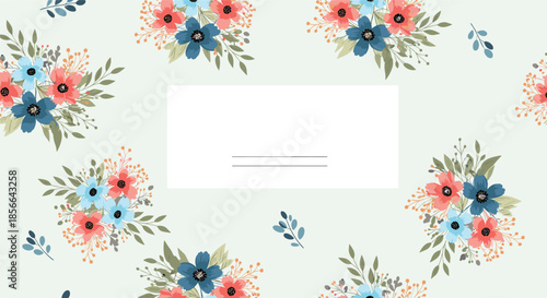 Elegant floral background with bouquets of blue and coral flowers, with a blank white rectangular label in the center for your text.