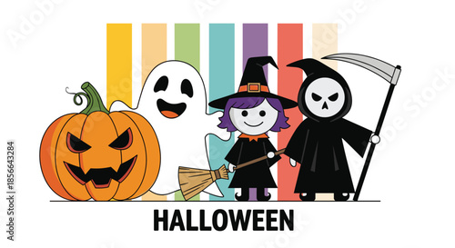 Cute cartoon Halloween characters including a ghost, witch, and grim reaper standing with a jack-o'-lantern against a colorful striped background.