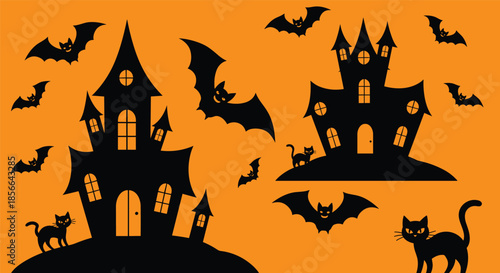 Spooky Halloween scene with black silhouettes of haunted houses, flying bats, and black cats against a vibrant, solid orange background.