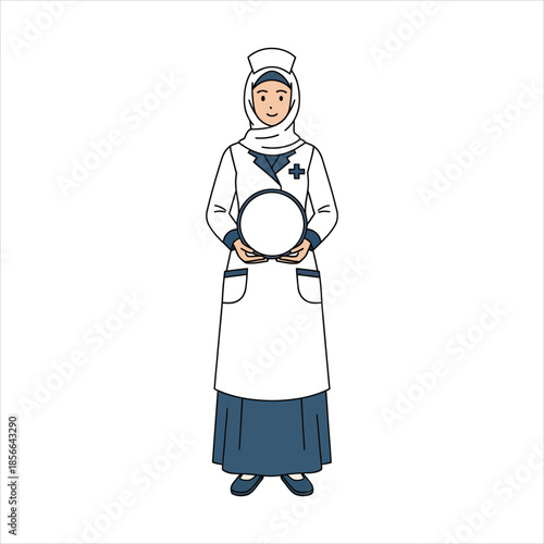 A nurse in traditional attire holding a plate, standing against a plain background