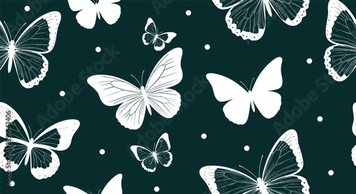 Elegant and moody seamless pattern with delicate white butterflies and tiny dots flying against a sophisticated dark teal background.