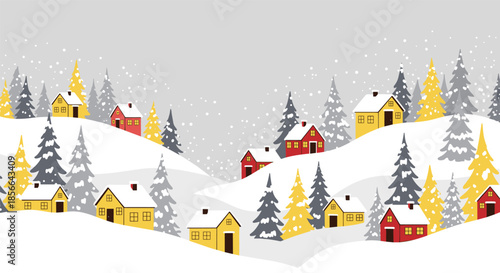 Charming winter landscape illustration with colorful little houses nestled on snowy hills among pine trees under a gently falling snow.
