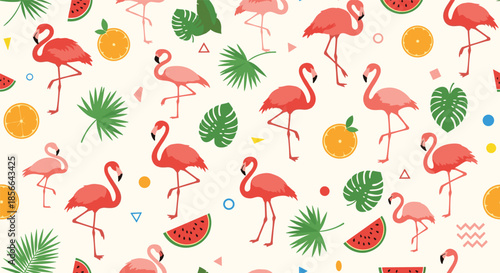 Vibrant tropical seamless pattern featuring pink flamingos, citrus slices, watermelon, and palm leaves for a fun summer vibe design.