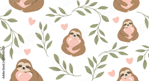Sweet and romantic seamless pattern featuring adorable cartoon sloths hugging pink hearts, surrounded by leaves for Valentine's Day.