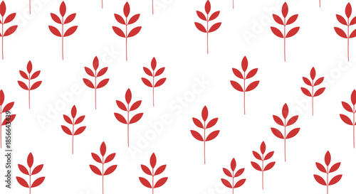 Simple and minimalist seamless pattern featuring scattered red botanical sprigs with leaves against a clean, plain white background.