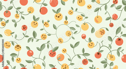 Whimsical seamless pattern of cute cartoon fruits with happy smiling faces growing on winding green vines on a light green background.