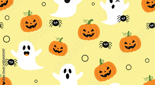 Adorable and fun Halloween seamless pattern with cute cartoon ghosts, smiling jack-o'-lanterns, and little spiders on a yellow backdrop.