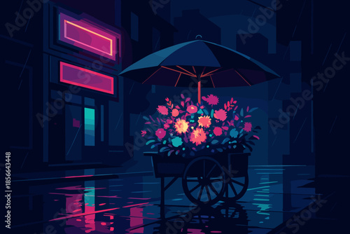 Colorful flower cart under an umbrella at night in a city with rain and neon lights