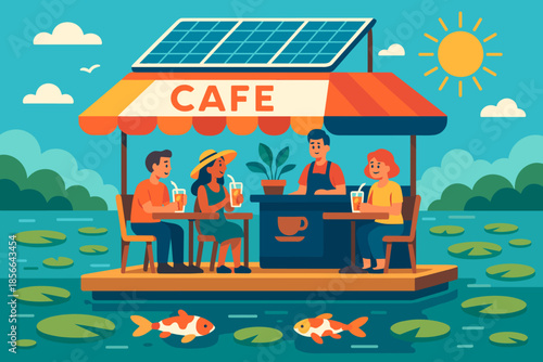 People enjoying drinks at a solar-powered cafe on the water during a sunny day near lily pads and fish