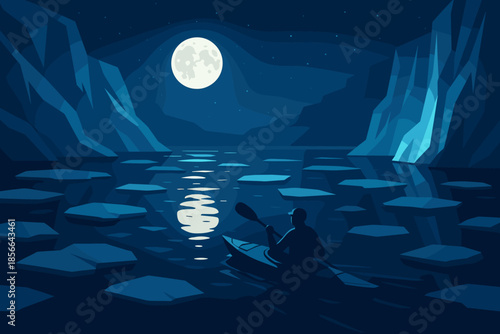Kayaker paddles through water under full moon near cliffs with floating ice in the night sky