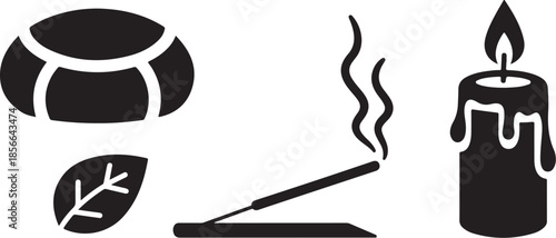 Black icons of candle, incense, and leaf for wellness themes