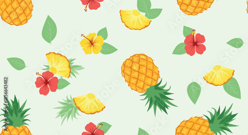 Tropical seamless summer pattern with whole pineapples, juicy slices, and colorful hibiscus flowers on a light green background.