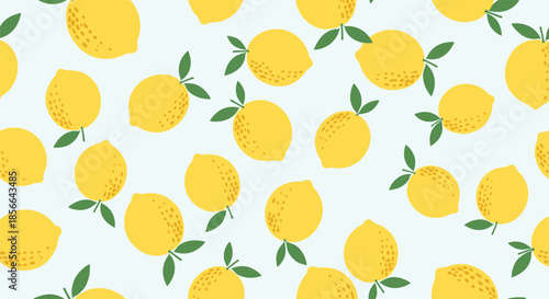 Cheerful and fresh seamless pattern of stylized yellow lemons with green leaves scattered across a soft light blue background design.