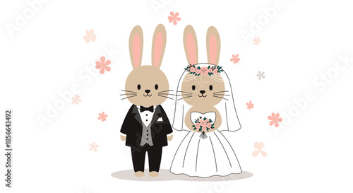 Adorable wedding illustration of a cute bunny bride and groom couple dressed in formal attire, perfect for invitations and cards.