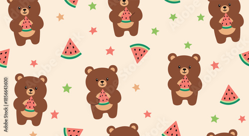 Adorable cartoon brown bears eating fresh watermelon slices in a seamless summer pattern with colorful stars on a soft background.