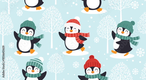 Adorable seamless winter pattern with cute cartoon penguins wearing hats and scarves, happily playing in a snowy forest landscape.