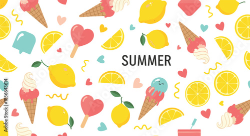Cheerful summer seamless pattern with vibrant lemons, ice cream cones, popsicles, and colorful hearts on a fresh white background.