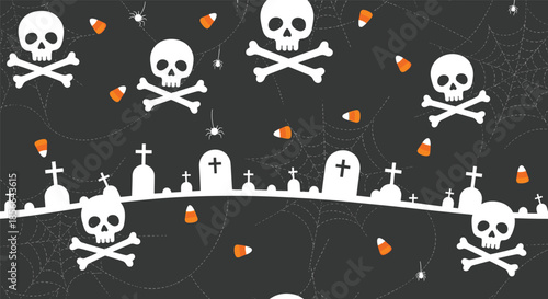 Spooky Halloween seamless pattern featuring skulls and crossbones, spiderwebs, candy corn, and a graveyard on a dark background.