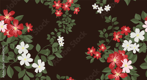 Elegant seamless floral pattern featuring beautiful red and white clematis flowers with green leaves on a sophisticated dark background.