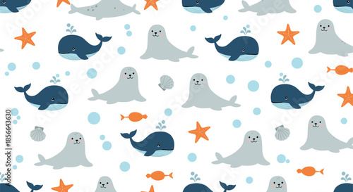 Adorable sea life seamless pattern with cute cartoon whales, seals, starfish, and fish swimming in the ocean with bubbles.