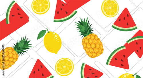 Fresh and vibrant summer fruit seamless pattern with pineapples, watermelon slices, and lemons on a modern geometric background.
