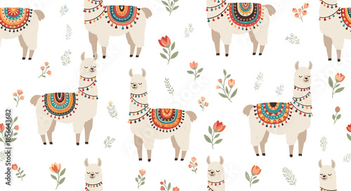 Adorable seamless pattern of cute cartoon llamas or alpacas with colorful saddles and flowers on a clean white background.