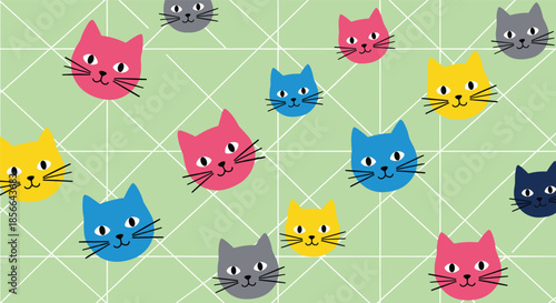Playful and colorful seamless pattern with stylized cat faces in various bright colors on a geometric light green background.