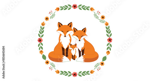 Adorable illustration of a loving fox family with a cub sitting inside a beautiful floral wreath on a clean white background.