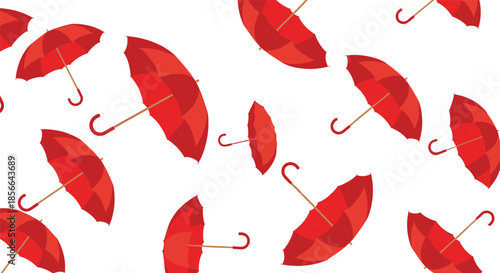 Simple and modern seamless pattern featuring scattered bright red umbrellas against a clean and minimalist white background design.