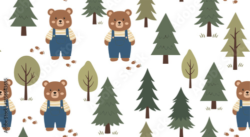 Adorable seamless forest pattern with cute cartoon brown bears in overalls, pine trees, and paw prints on a white background.