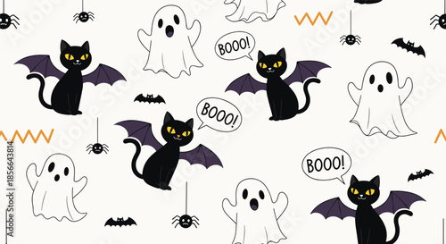Fun and cute Halloween seamless pattern with cartoon ghosts, black cat vampires, bats, and spiders on a light background.