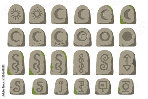 Various stone tablets display symbols of sun, moon, and abstract designs from an archaeological site