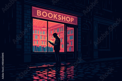 Reading in front of a bookshop during a rainy evening in a city setting
