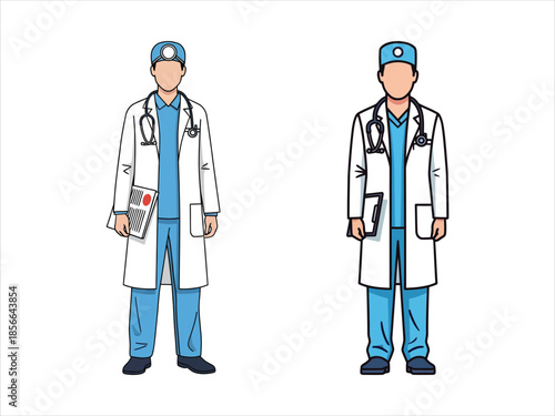 Medical professionals in lab coats standing with medical equipment