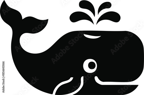 Sperm Whale Spouting Water Silhouette, Minimalist Whale Icon, Ocean Life and Marine Mammal Graphic, Baleen Whale with Water Fountain Illustration, 