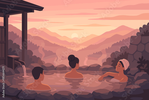Relaxing in hot spring at sunset with friends in mountain location enjoying the warm water and peaceful views of nature