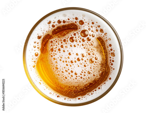 Isolated on a white background, a top view of foamy beer with golden bubbles, cut out
