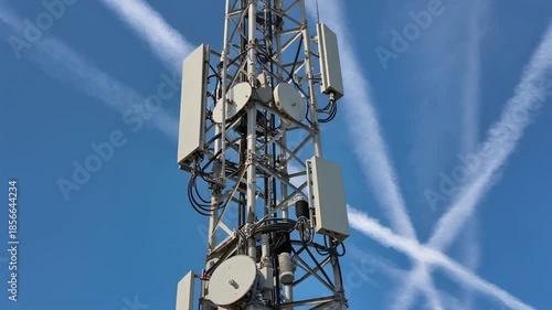 A mobile transceiver tower with antennas reaching into the blue sky for wireless communication signals