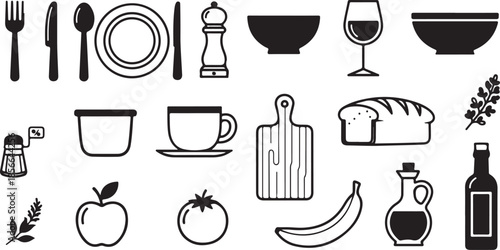Black icons of food and dining utensils on white