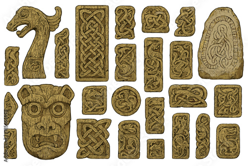 Collection of carved stone pieces with intricate designs showcasing ancient art style and cultural significance