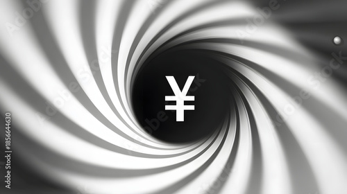 cynicism. A distorted spiral pattern featuring a currency symbol at its center in monochromatic graphic design style. pitch deck slides.