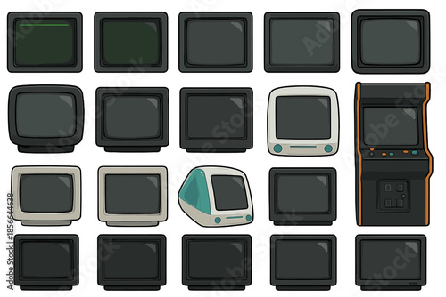 Various old television and computer screens displayed in a grid layout showcasing different designs and sizes from past decades