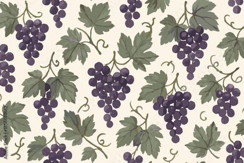 Grapes hanging on vines in a decorative pattern on a light background showing natural design elements