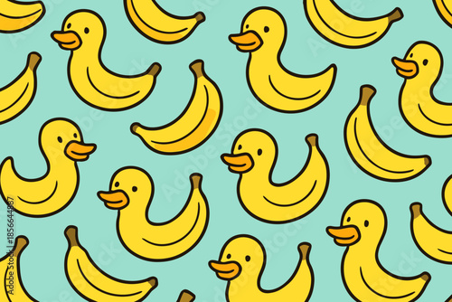 Colorful pattern with rubber ducks and bananas on a light blue background